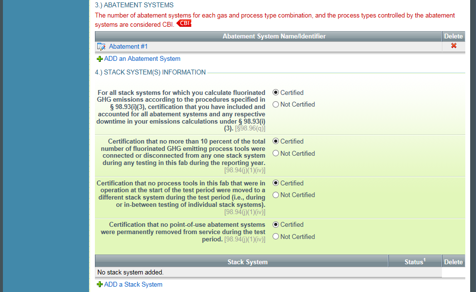 The abatement system identifier page has certification questions.